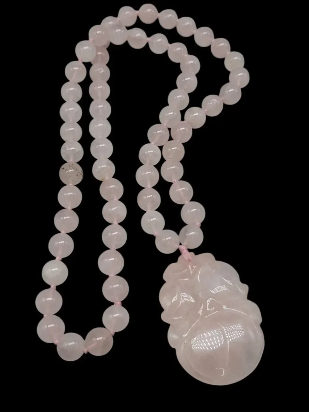 Chinese Rose Quartz Hand Knotted Mala Lotus Design Necklace 28